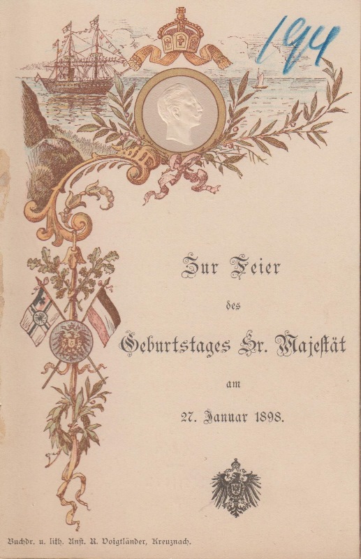 Menükarte zur Feier des Geburtstages Sr. Majestät Wilhelm II. (1859-1941) am 27. Januar 1898 